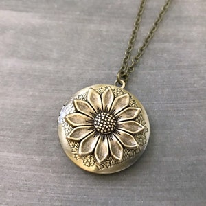 Sunflower Locket Necklace Vintage Style Bridesmaid Gift Antique Brass Bronze Nature Inspired Garden Wedding Floral Keepsake Valentine Gift