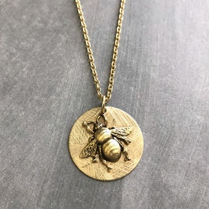 Gold Bee Charm Necklace Minimalist Jewelry Insect Gift Nature Inspired Gift Matte Gold Bug Raw Brass Textured Disc Charm Dainty Necklace