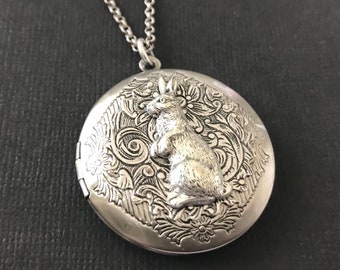 Silver Rabbit Locket Floral Bunny Antique Silver Locket Hare Keepsake Necklace Woodland Animal Easter Rabbit Child Photos Friendship Gift