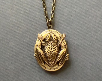 Oval Frog Locket Necklace Vintage Style Nature Inspired Antique Brass Bronze Keepsake Locket Teen Jewelry Frog Lover Gift Tree Frog Locket