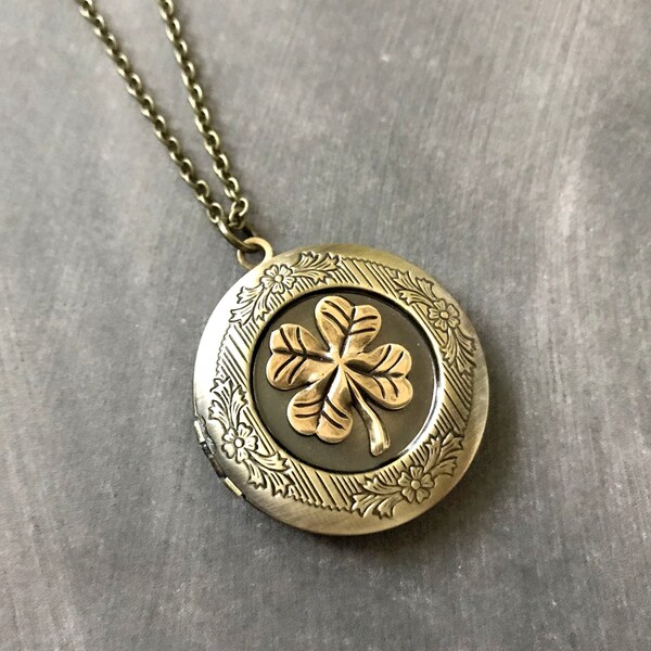 Four Leaf Clover Locket St. Patrick's Day Vintage Style 4 Leaf Clover Good Luck Teen Gift Antique Brass Bronze Nature Inspired Keepsake