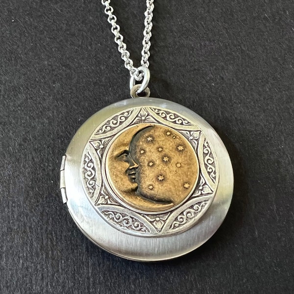 Celestial Locket Crescent Moon Stars Pendant Necklace Unisex Locket Men's Locket Antique Silver Vintage Style Heavenly Best Friend Gift