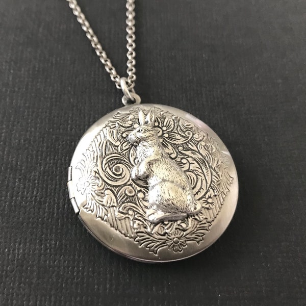 Silver Rabbit Locket Floral Bunny Antique Silver Locket Hare Keepsake Necklace Woodland Animal Easter Rabbit Child Photos Friendship Gift