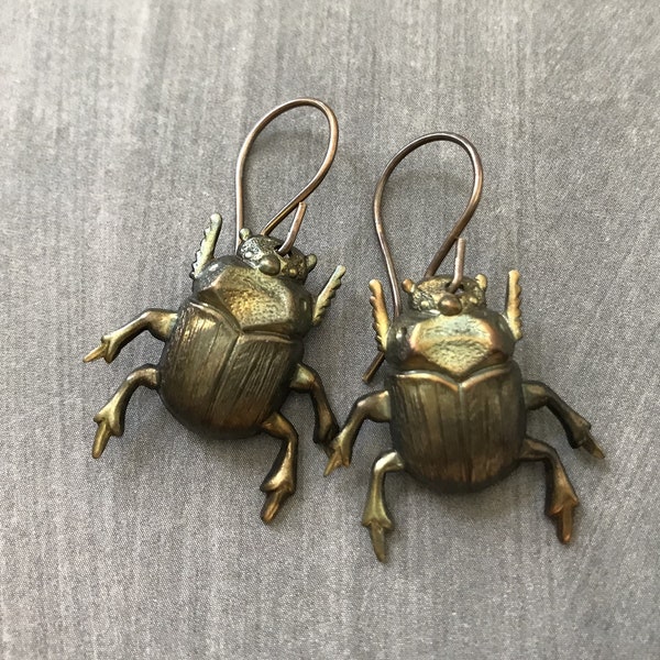 Beetle Earrings, Scarab, Insect Jewelry, Entomologist Gift, Bugs, Halloween Jewelry, Brass Beetles, Gothic Jewelry, Woodland Bug, Creepy