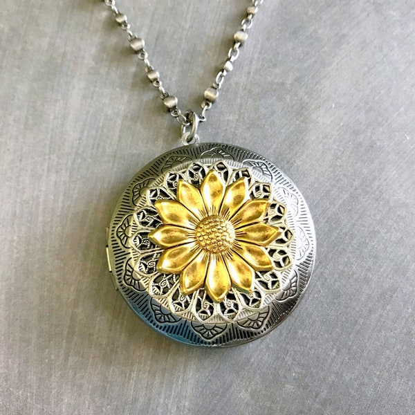 Gold Sunflower XL Locket Bridesmaid Gift Garden Wedding Vintage Style Silver Floral Locket Layering Necklace Gifts for Her Peace Unique Gift
