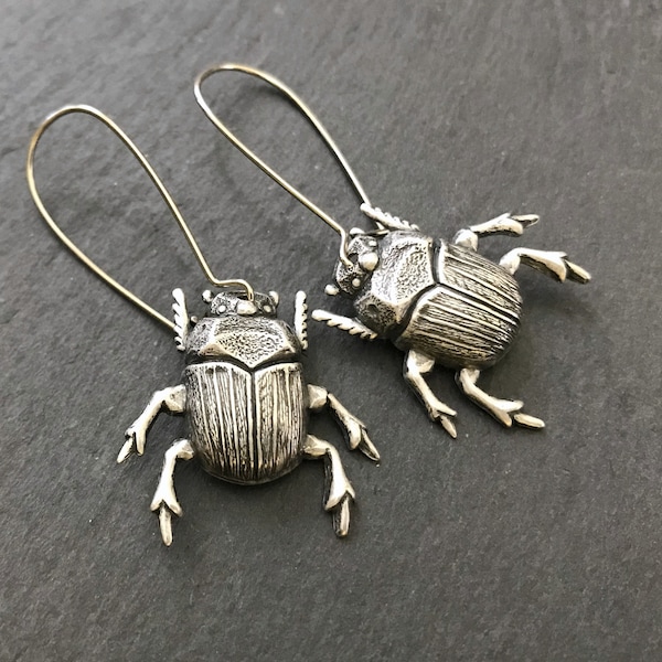 Beetle Earrings, Silver Brass Bugs, Creepy Bugs, Halloween Earrings, Goth Scarab, Insect Jewelry, Gothic Jewelry, Entomologist Gift, For Her