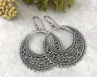 Silver Hoop Earrings, Boho Earrings, Gypsy Style, Moroccan, Silver Filigree, Round, Bohemian, Statement Earrings, Ethnic, Bold Hoops, Gift