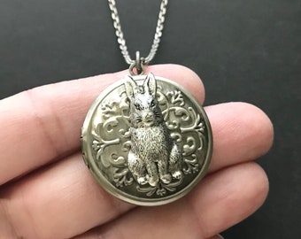 Rabbit Locket Necklace Woodland Bunny Gifts Dark Antiqued Silver Embossed Hare Gift Round Pendant GIfts for Her Baby Photos Friendship Gifts