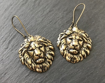 Leo Lion Earrings Gold Lion's Mane Leo Birthday Gift Lion Collector Medieval Lion Head Bravery Valour July August Birthday Couragous Lion
