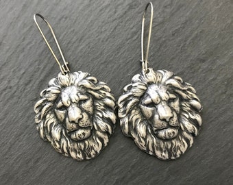 Silver Lion Earrings Leo Birthday Zodiac Lion's Mane July August Birthday Zoo Medieval Lion Head Gift Courage Bravery Valour Lion Collector