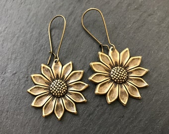 Sunflower Earrings Woodland Flower Floral Nature Inspired Hippie Jewelry Gift Garden Flower Antique Brass Summer Bohemian Boho Jewelry Gift