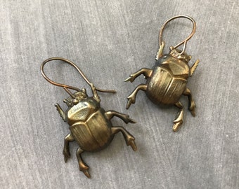 Beetle Earrings, Bug Earrings, Insect Earrings, Insect Jewelry, Bugs, Brass Beetles, Woodland Bug, Pierced, Dangle, Gothic, Creepy, For Her