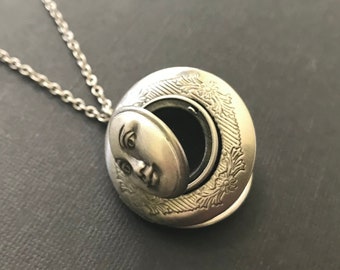 Celestial DOUBLE Locket Necklace Full Moon Antique Silver Moon Face Floral Locket Vintage Style Unisex Photo Locket Bridesmaid Friend Gift