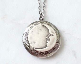 Celestial Locket Quarter Moon Stars Man in the Moon Unisex Jewelry Men's Locket Antique Silver Floral Necklace Bridesmaid Gifts Photo Locket