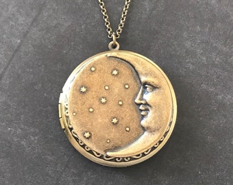 XL Celestial Locket Lunar Moon Stars Necklace Quarter Moon Natural Satellite Unisex Photo Locket Gift For Teens Best Friend Girlfriend Mom