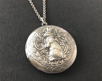 Silver Rabbit Locket Floral Bunny Antique Silver Locket Hare Keepsake Necklace Woodland Animal Easter Rabbit Child Photos Friendship Gift