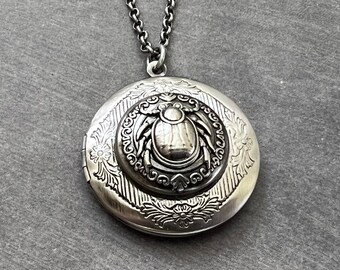 Silver Beetle Locket Scarab Necklace Entomologist Gift Bold Gothic Bug Men's Locket Unisex Gift Entomology Creepy Insect Vintage Style