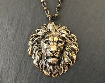 Antique Gold Lion Necklace LARGE Lion Head Leo Zodiac Lion's Mane July August Birthday Statement Necklace Lion Lover Gift Brave Courageous