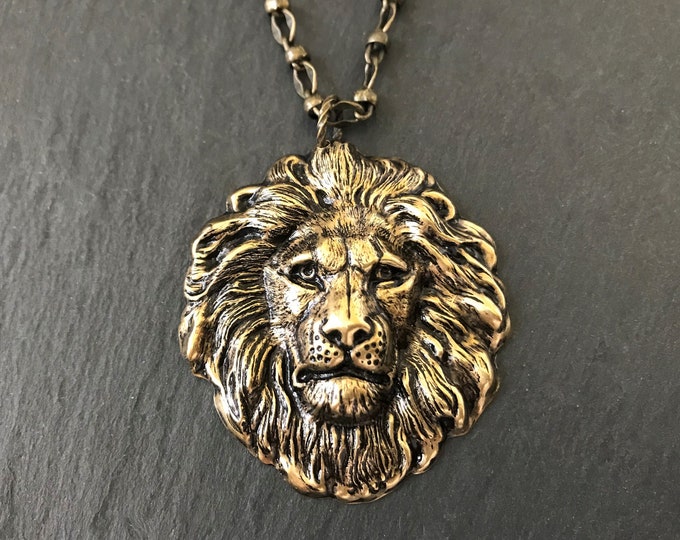 Antique Gold Lion Necklace LARGE Lion Head Leo Zodiac Lion's Mane July August Birthday Statement Necklace Lion Lover Gift Brave Courageous