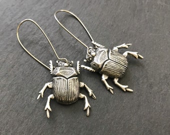 Beetle Earrings, Silver Brass Bugs, Creepy Bugs, Halloween Earrings, Goth Scarab, Insect Jewelry, Gothic Jewelry, Entomologist Gift, For Her