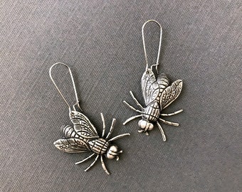 Silver Fly Earrings, Insect Wings, Silver Bug, Goth Insect Jewelry, Entomologist Gift, Entomophile Gift, Entomology, Insect Lover Gift