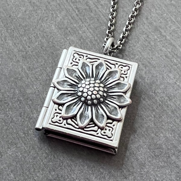 Floral Book Locket Silver Sunflower Locket Vintage Style Nature Inspired Botanical Flower Locket Helianthus Bridesmaid Gift Mother's Day