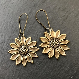 Sunflower Earrings Woodland Flower Floral Nature Inspired Hippie Jewelry Gift Garden Flower Antique Brass Summer Bohemian Boho Jewelry Gift