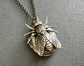 Silver Fly Oval Locket, Insect Wings, Goth Insect Jewelry, Entomologist Gift, Entomology, Insect Lover Gift, Creepy Silver Bug, Men’s Locket