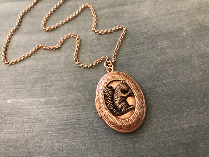 Rose Gold Squirrel Locket Necklace Copper Ox Squirrel Woodland Animal Locket Vintage Style Teen Jewelry Gifts for Friends Squirrel Collector image 9