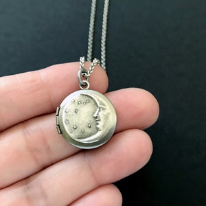 Small Moon Star Locket Celestial Locket ANTIQUE SILVER Lunar Moon Necklace Bridesmaid Gift Unisex Men's Locket Best Friend Gift Photo Locket image 4