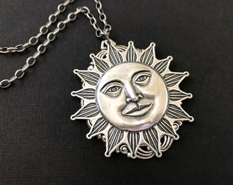 BOLD Sun Necklace Large Chain Unisex Gift Large Pendant Silver Sun Face Celestial Gift Natural Satellite Statement Necklace Gift for Friends