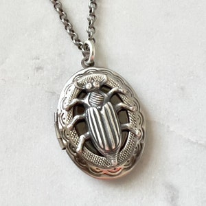 Oval Beetle Locket Silver Insect Necklace Gothic Creepy Bug Men's Locket Entomologist Gift Scarab Jewelry Unisex Photo Locket Vintage Style image 3