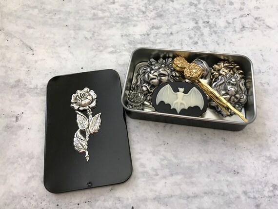 Gold Sunflower Tin Black Pill Box Jewelry Box Floral Catch All Moo Card Holder Black Metal Tin Coin Storage Gift Tin Rectangle Box Unisex