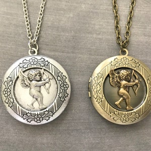 Cherub Angel Locket Cupid Jewelry Bow and Arrow Love Vintage Style Valentine's Day BFF Gift Child Photo Locket Floral Border Guardian Angel