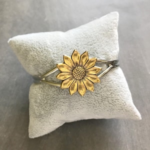 Gold Sunflower Cuff Bracelet Adjustable Metal Cuff Woodland Flower Helianthus Nature Inspired Loyalty Anniversary Gift Girlfriend Gift