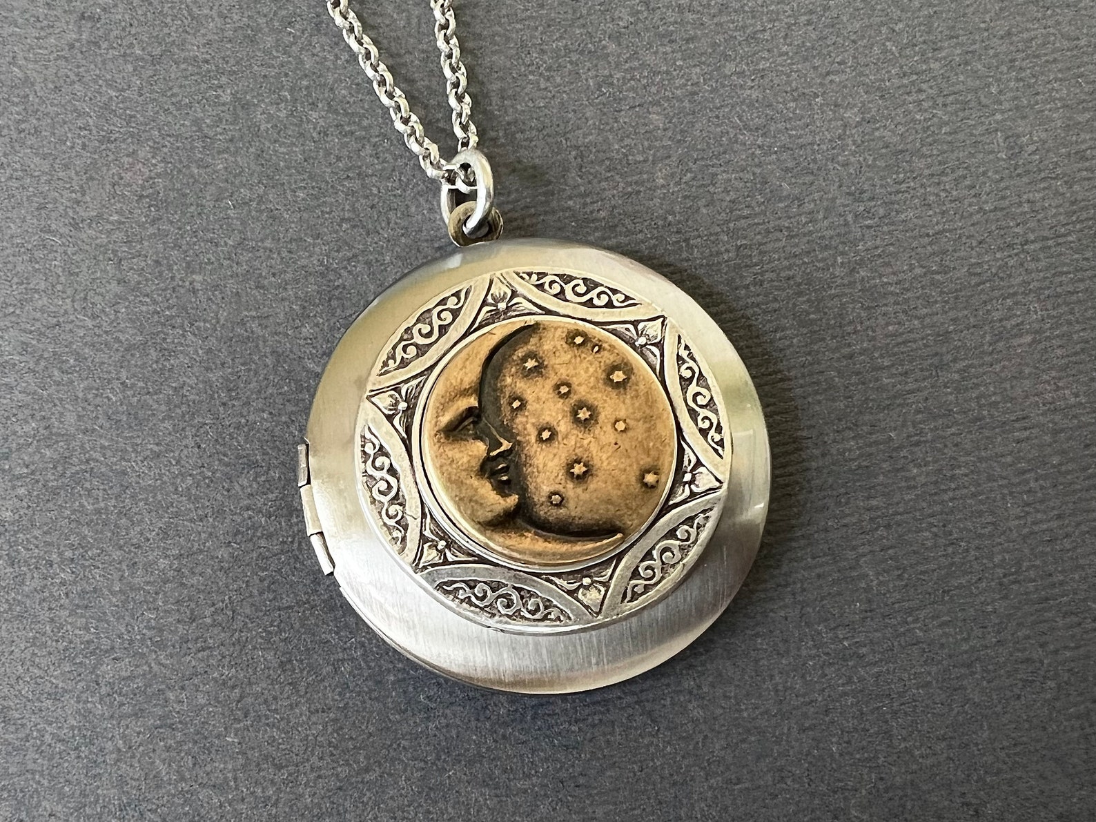 Celestial Locket Crescent Moon Stars Pendant Necklace Unisex - Etsy