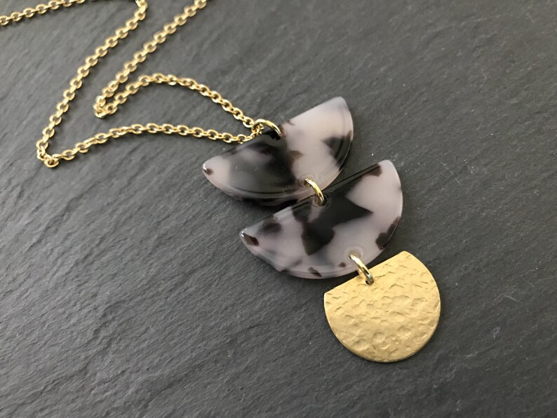 Half Moon Necklace Brass Celestial Jewelry Tribal Brass Lunar Moon Gift Black Amethyst Plum Moon Modern Acrylic Necklace Hammered Brass