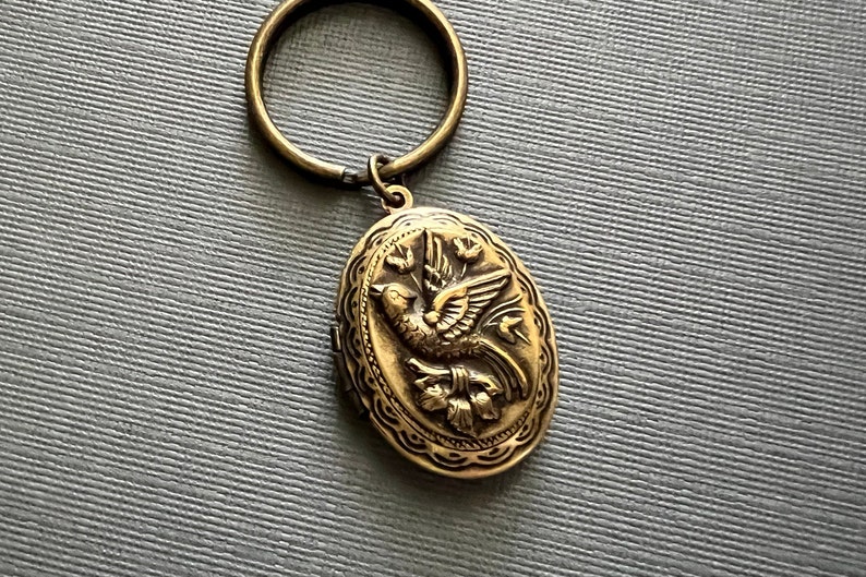 Locket Key Ring Bird Locket Key Chain Keychain Gift Floral Locket Nature Inspired Vintage Style House Key Holder Antique Brass Car Key Ring image 5