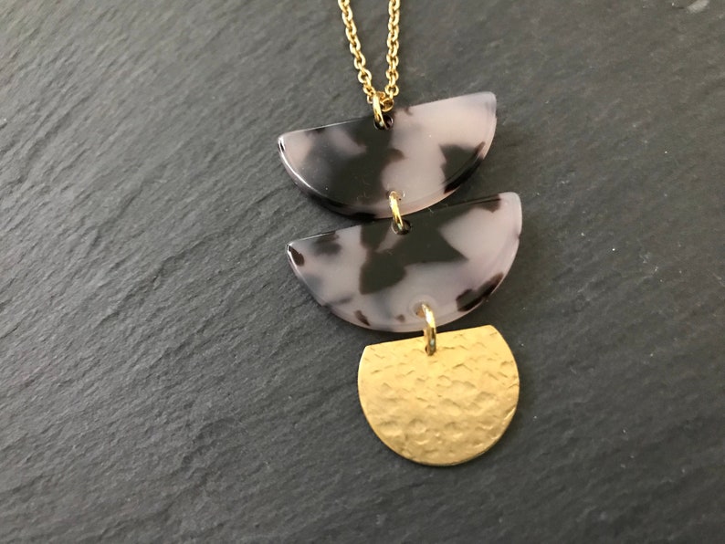 Half Moon Necklace Brass Celestial Jewelry Tribal Brass Lunar Moon Gift Black Amethyst Plum Moon Modern Acrylic Necklace Hammered Brass