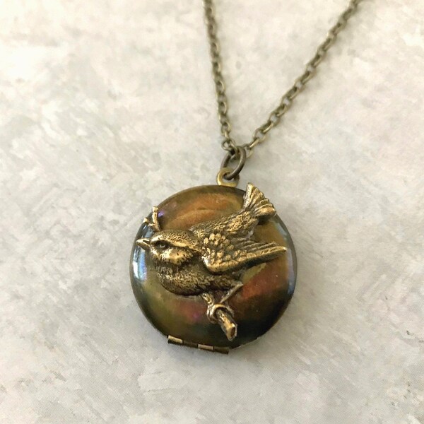 Tiny Bird Vintage Locket Necklace, Antique Brass Woodland Jewelry, Dark Patina Pendant