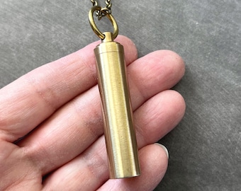 Large Pill Vial Men's Necklace Secret Stash Cylinder Capsule Medicine Holder Cremation Ash Tube Solid Brass Urn Memorial Jewelry Unisex Gift