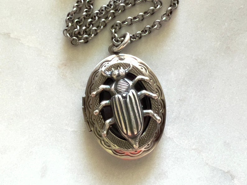 Oval Beetle Locket Silver Insect Necklace Gothic Creepy Bug Men's Locket Entomologist Gift Scarab Jewelry Unisex Photo Locket Vintage Style image 9