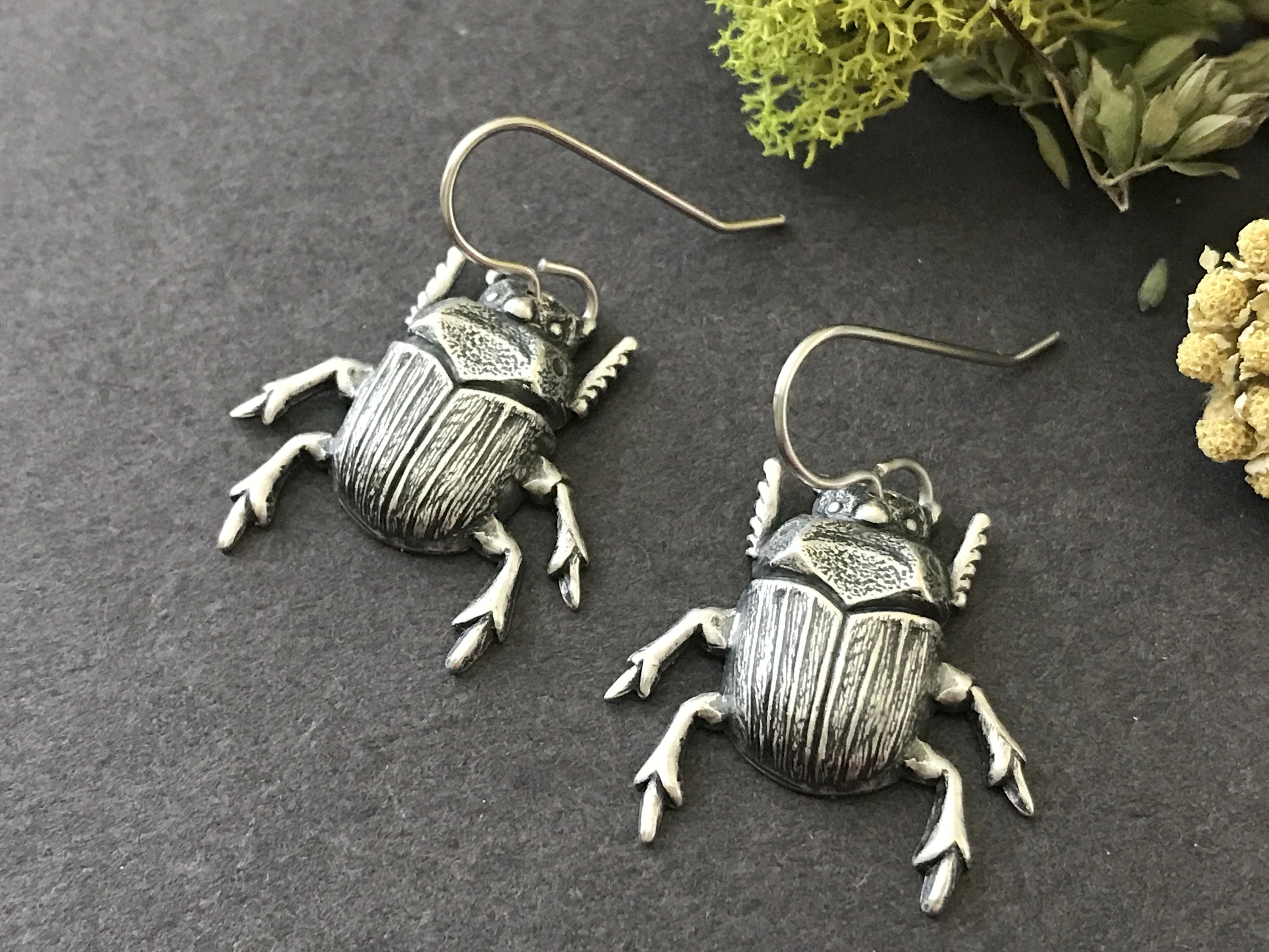 Scarab Earrings Silver Beetles Insect Bugs Entomologist Gift | Etsy