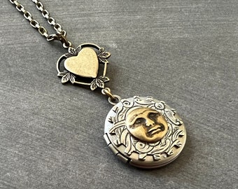 Small Heart and Moon Face Locket Celestial Necklace Heart Full Moon Man in the Moon Teen Romance Photo Locket Best Friend Graduation Gift