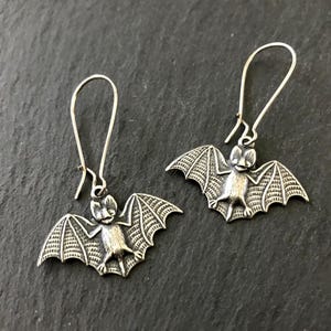 Antique Silver Plated Bat Earrings, Gothic Halloween Jewelry, Vampire Bat Wings