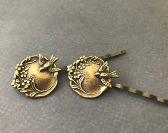 Two Bird Garden Hair Pins Vintage Style Botanical Hair Clips Antique Brass Bohemian Garden Wedding Bridesmaid Gifts Valentine's Day Gift