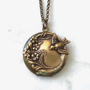 Vintage Bird Locket Necklace, Woodland Unisex Photo Pendant, Dark Patina,  Floral Brass Stamping