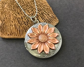 Sunflower Locket Rose Gold Woodland Flower Wild Flower Silver Locket Handmade Gift Keepsake Locket Boho Girlfriend Gift