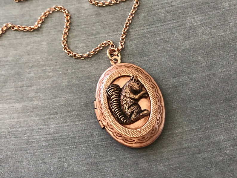 Rose Gold Squirrel Locket Necklace Copper Ox Squirrel Woodland Animal Locket Vintage Style Teen Jewelry Gifts for Friends Squirrel Collector image 2