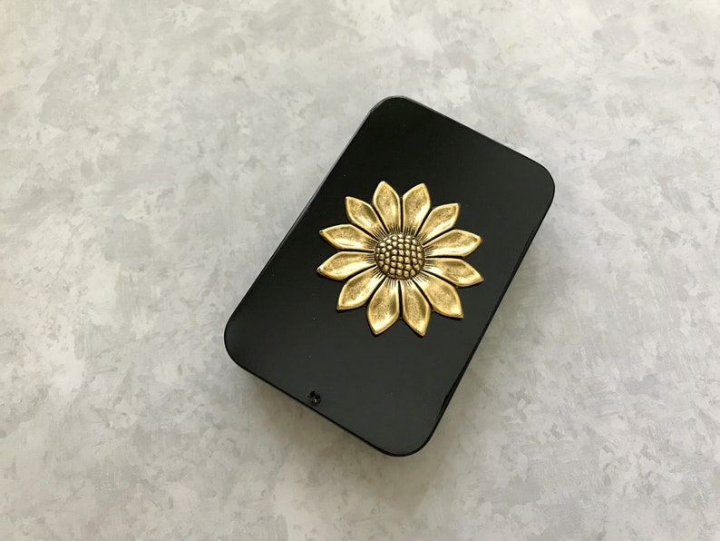 Gold Sunflower Tin Black Pill Box Jewelry Box Floral Catch All Moo Card Holder Black Metal Tin Coin Storage Gift Tin Rectangle Box Unisex